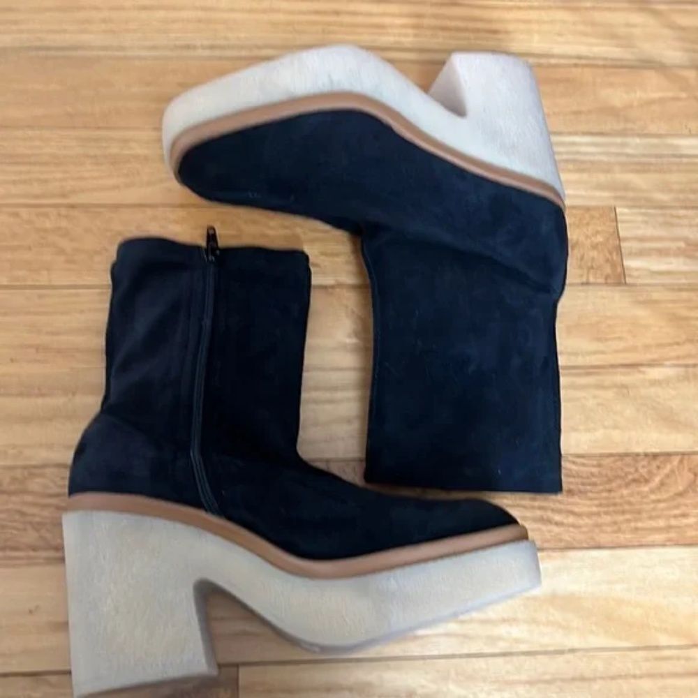 Free People Gigi Ankle Boot Black Soft Suede Platform Sole, Size 7.5